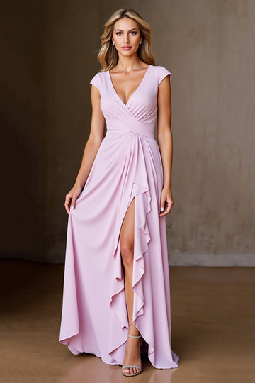 Candy Pink A Line Ruffled Cap Sleeves Long Mother of the Bride Dress with Slit